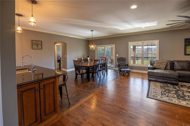 dining room featuring ornamental molding, dark wood-type flooring, ceiling fan, and sink