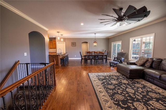 living room featuring ornamental molding, dark wood-type flooring, ceiling fan, and sink