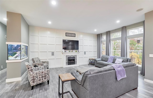 living room featuring hardwood / wood-style floors and a fireplace