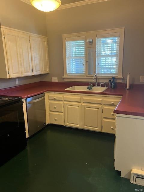 kitchen with dishwasher, white cabinets, sink, and electric range