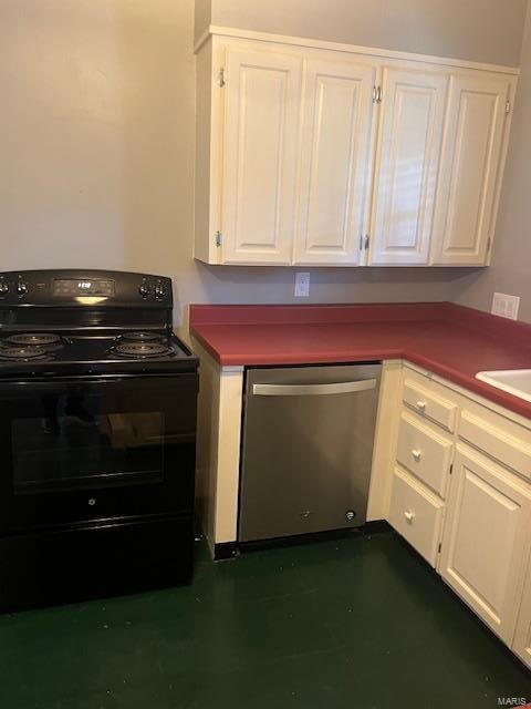 kitchen with black electric range, white cabinets, and dishwasher