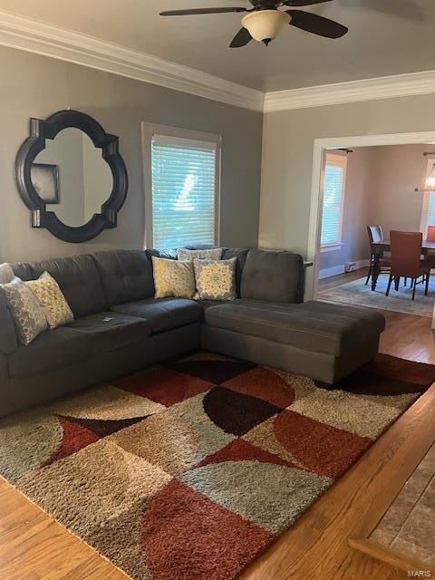 living room with ceiling fan, crown molding, and hardwood / wood-style floors