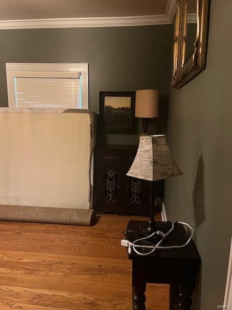 bedroom with ornamental molding and hardwood / wood-style floors