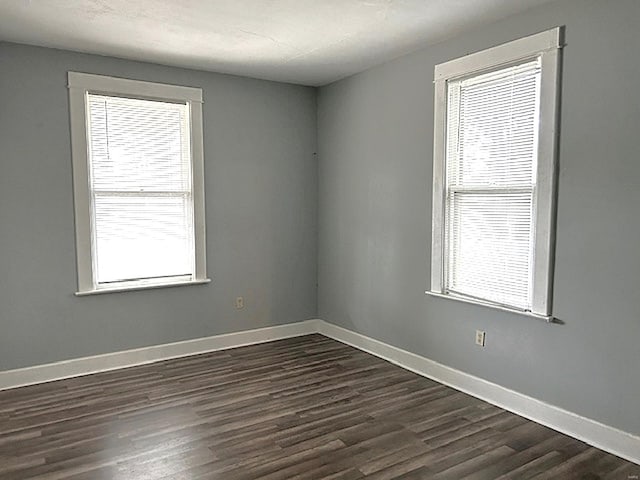 spare room featuring plenty of natural light and dark wood-type flooring