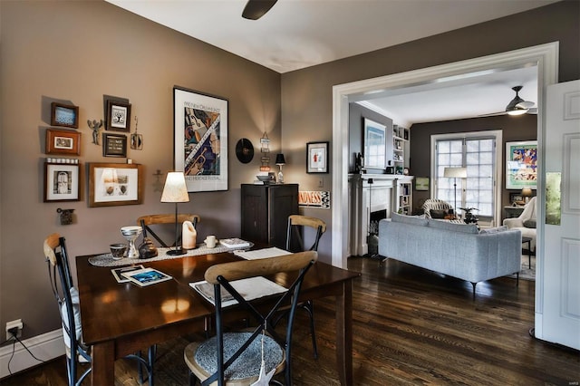 office area with ceiling fan and dark hardwood / wood-style flooring