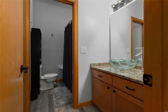 bathroom featuring vanity, wood-type flooring, and toilet