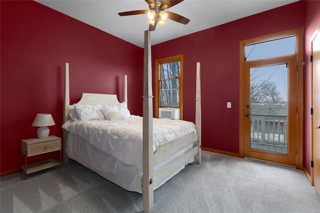 carpeted bedroom with access to outside and ceiling fan