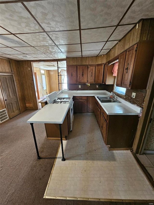 kitchen with wood walls, sink, light colored carpet, and white range with gas stovetop