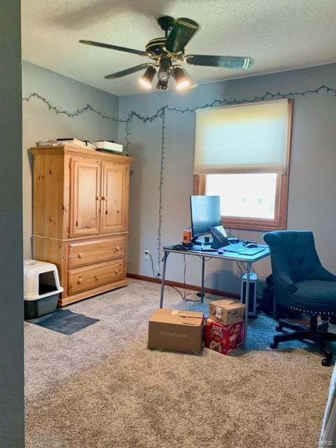 interior space with ceiling fan, carpet flooring, and a textured ceiling