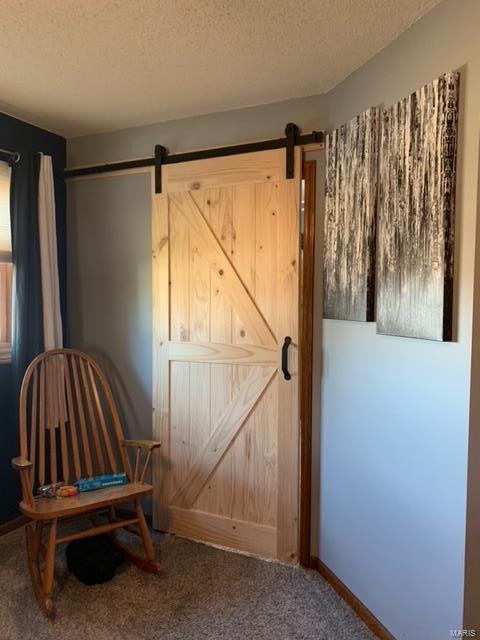 unfurnished room with a barn door, carpet floors, and a textured ceiling