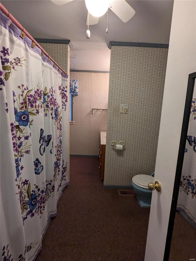 bathroom featuring toilet, vanity, and ceiling fan