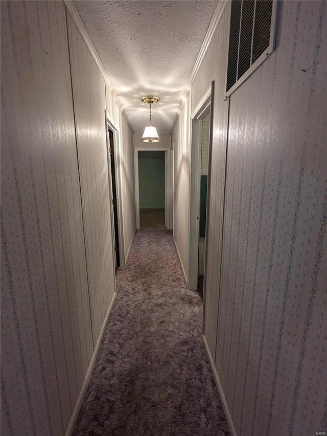 hall featuring carpet, a textured ceiling, and crown molding