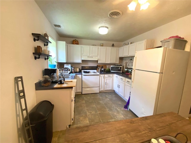 kitchen with sink, a textured ceiling, white appliances, white cabinets, and decorative backsplash