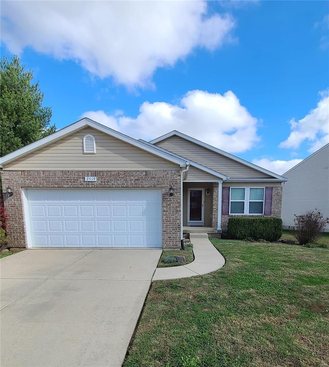 single story home with a garage and a front lawn