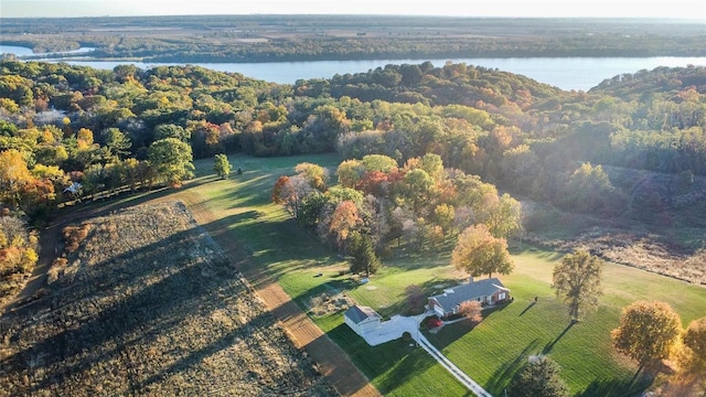 bird's eye view with a water view and a rural view