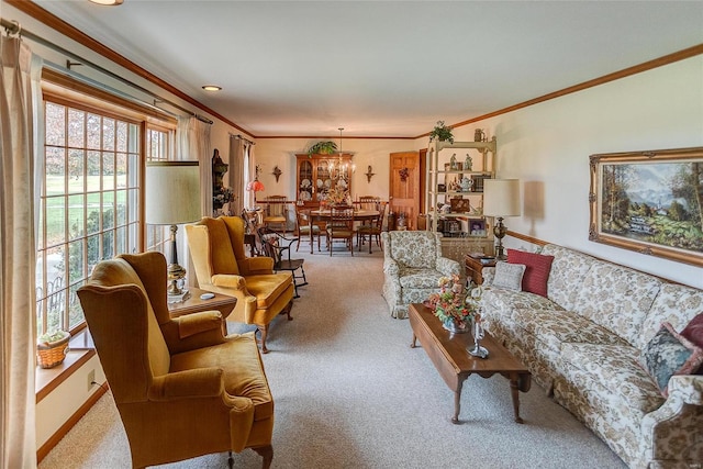 living room featuring carpet and crown molding