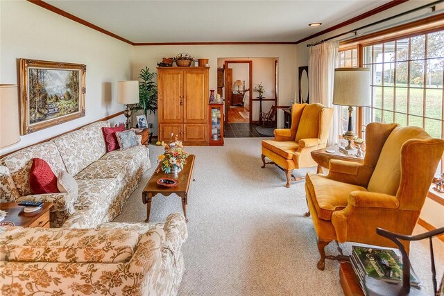 carpeted living room with ornamental molding