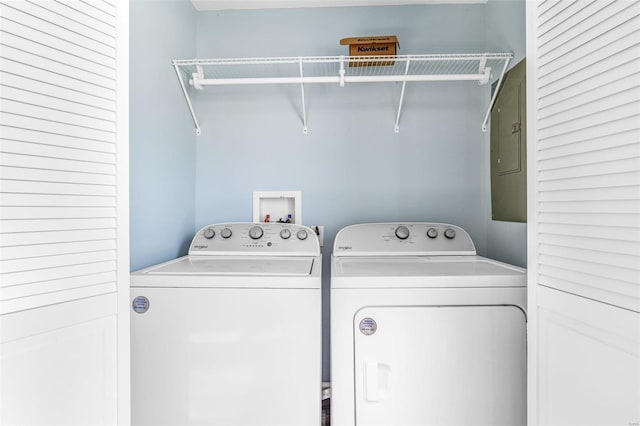 washroom with electric panel and independent washer and dryer