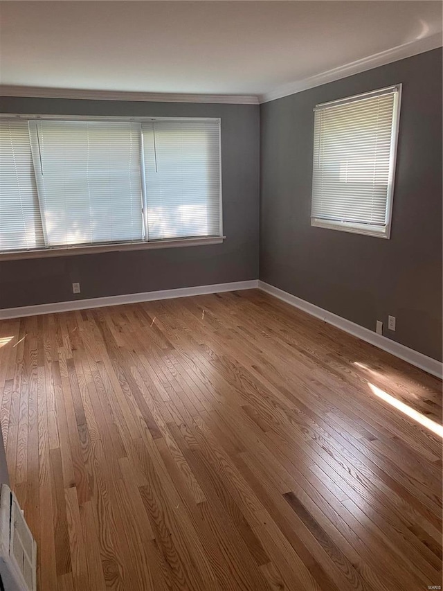 spare room with crown molding and wood-type flooring