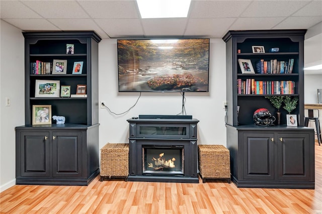 interior details featuring a paneled ceiling and wood-type flooring