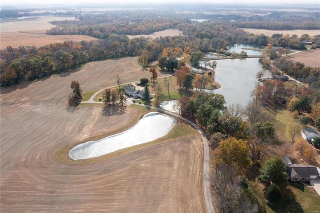 bird's eye view featuring a water view and a rural view