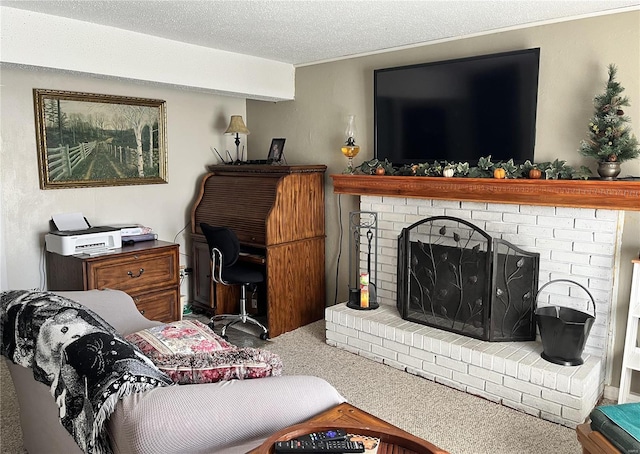 living room featuring a textured ceiling, carpet floors, and a brick fireplace