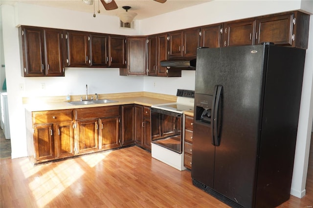 kitchen with ceiling fan, white electric range, black fridge with ice dispenser, light hardwood / wood-style flooring, and sink