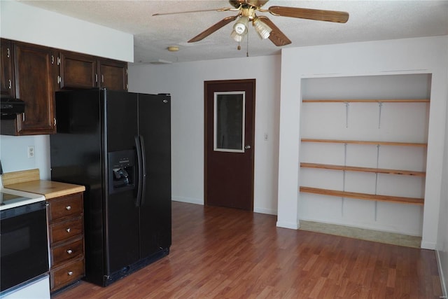 kitchen with hardwood / wood-style floors, dark brown cabinets, white electric range, black fridge with ice dispenser, and range hood