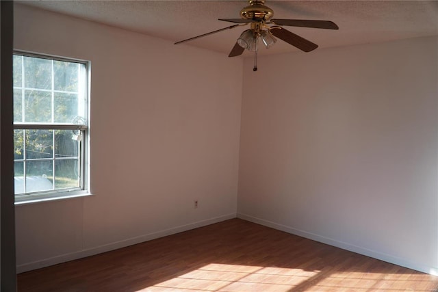 unfurnished room with a wealth of natural light, a textured ceiling, light wood-type flooring, and ceiling fan