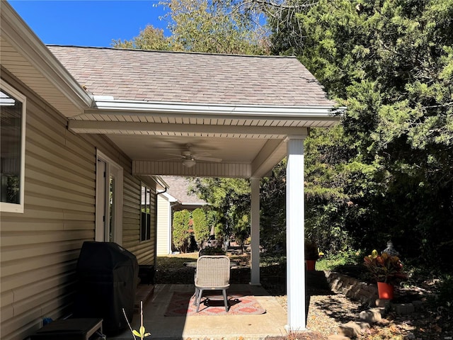 view of patio / terrace with ceiling fan and grilling area