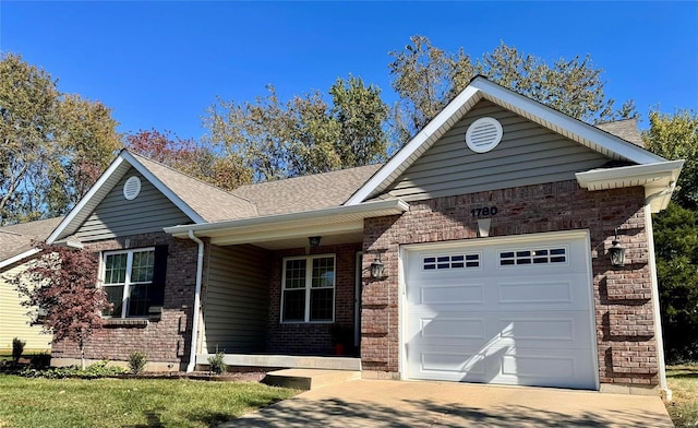 single story home with a garage and a porch