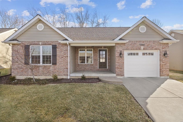 single story home with a garage, a front lawn, and covered porch