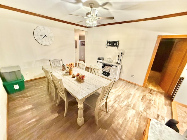 dining area featuring ceiling fan and light hardwood / wood-style flooring