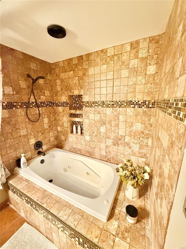 bathroom featuring shower with separate bathtub and tile patterned flooring