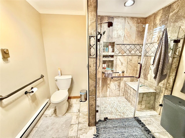 bathroom featuring toilet, crown molding, a shower with shower door, and a baseboard heating unit