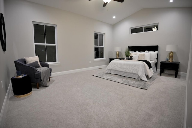 carpeted bedroom with lofted ceiling and ceiling fan