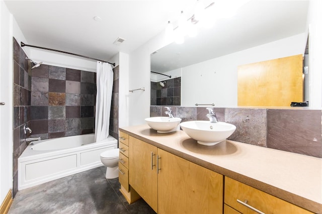 full bathroom featuring shower / tub combo, vanity, toilet, and concrete floors