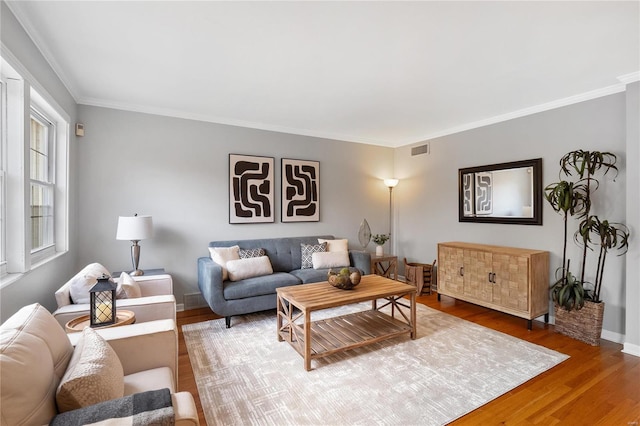 living room with wood-type flooring and ornamental molding