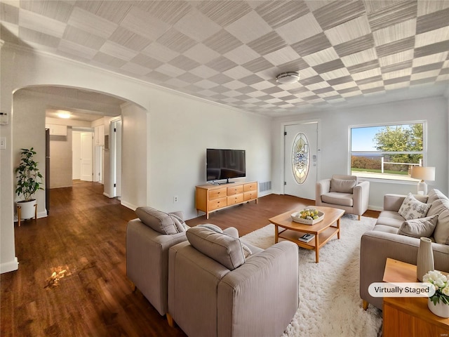 living room featuring dark wood-type flooring