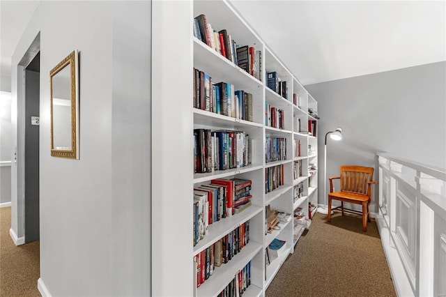 hall with dark colored carpet