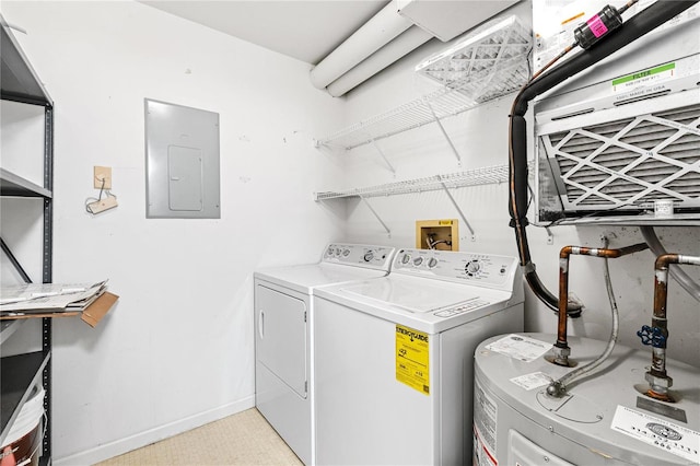 laundry area with light colored carpet, separate washer and dryer, electric panel, and water heater