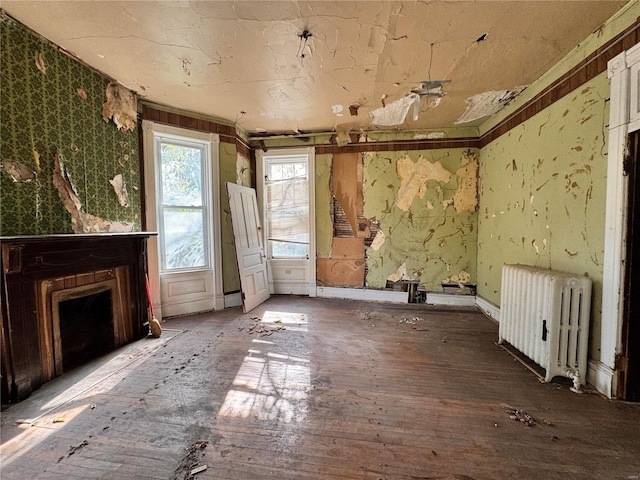 misc room with radiator, a fireplace, and hardwood / wood-style floors