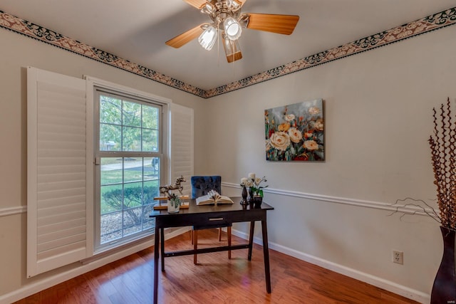 office area featuring hardwood / wood-style floors and ceiling fan