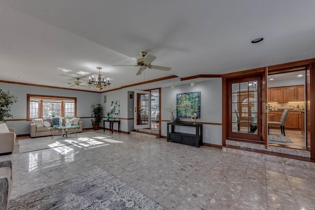 unfurnished living room with ceiling fan with notable chandelier and crown molding