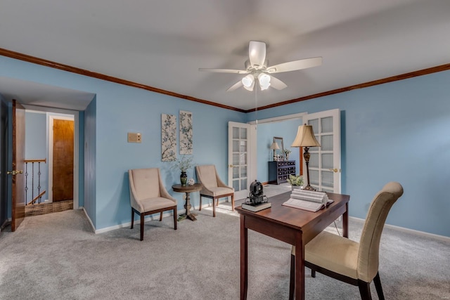 office with ceiling fan, crown molding, and carpet floors