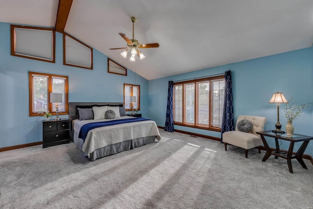 bedroom with ceiling fan, beam ceiling, high vaulted ceiling, and carpet