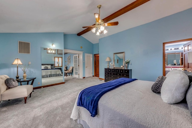 bedroom with high vaulted ceiling, beamed ceiling, carpet floors, and ceiling fan