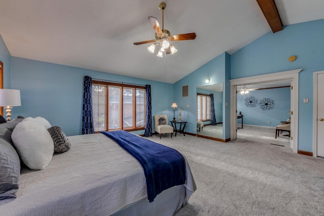 bedroom with high vaulted ceiling, carpet flooring, ceiling fan, and beam ceiling