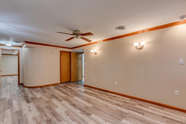 unfurnished room with ornamental molding, light hardwood / wood-style flooring, and ceiling fan