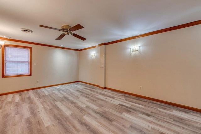 unfurnished room with ceiling fan, light hardwood / wood-style floors, and crown molding